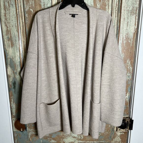 Eileen Fisher Women’s Open Cardigan Tan Wool Sweater Large With Pockets - Picture 1 of 11